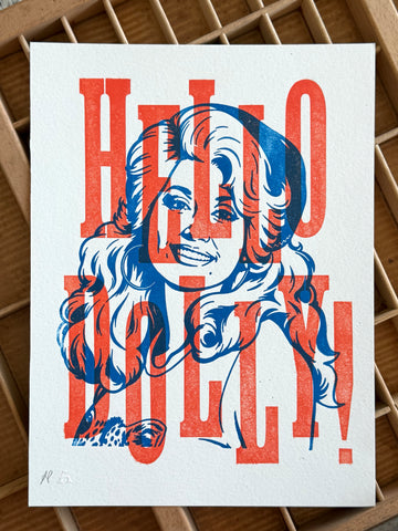 "Hello Dolly!" [Orange + Blue] 9" x 12" Letterpress Print